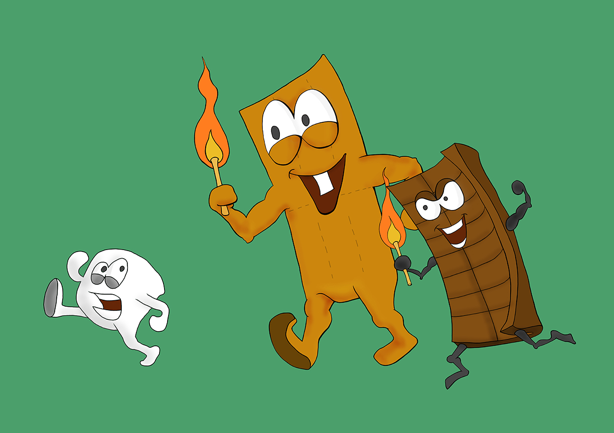 A mashmallow running away from a graham cracker and chocolate bar