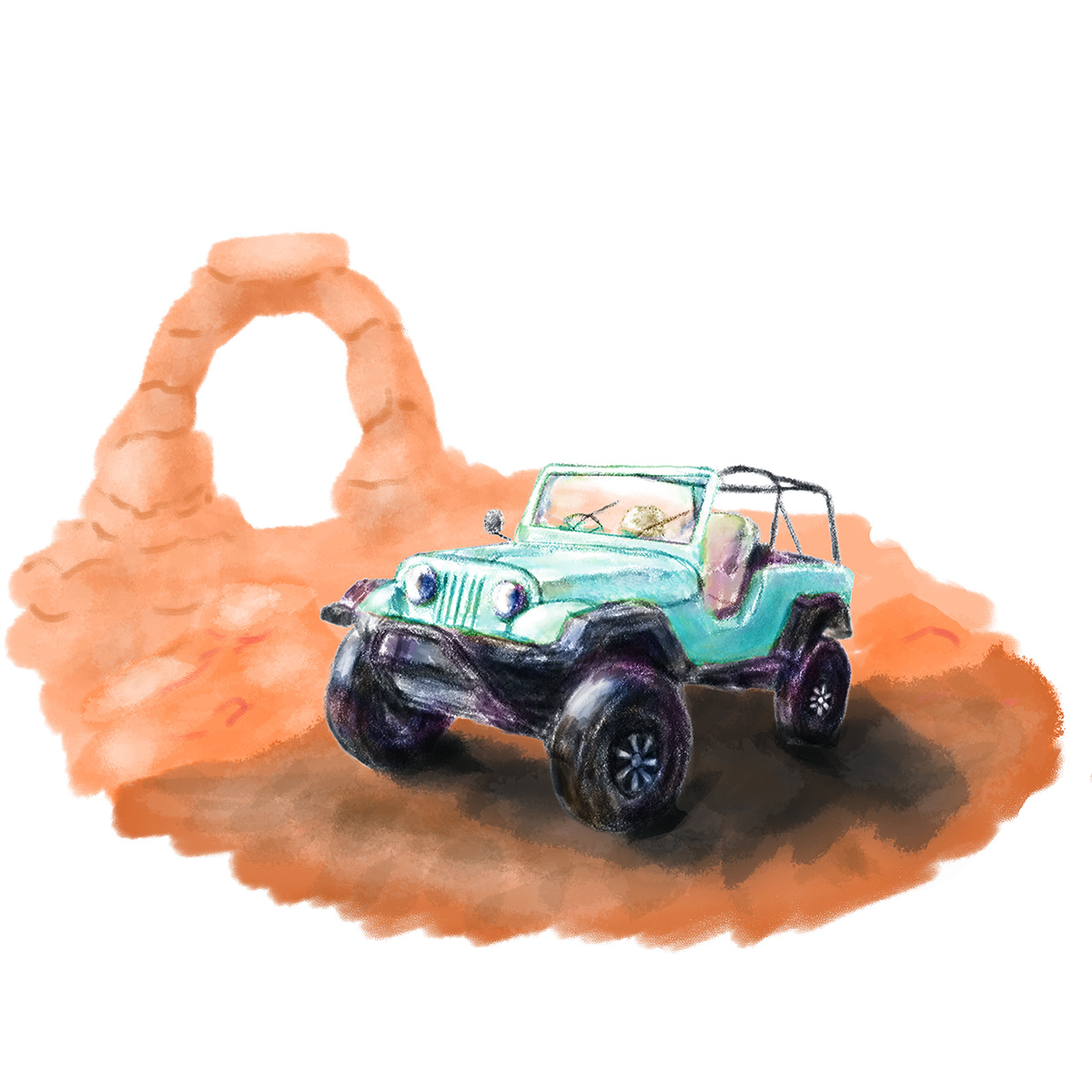 A digital illustration of a Jeep with the delicate arch