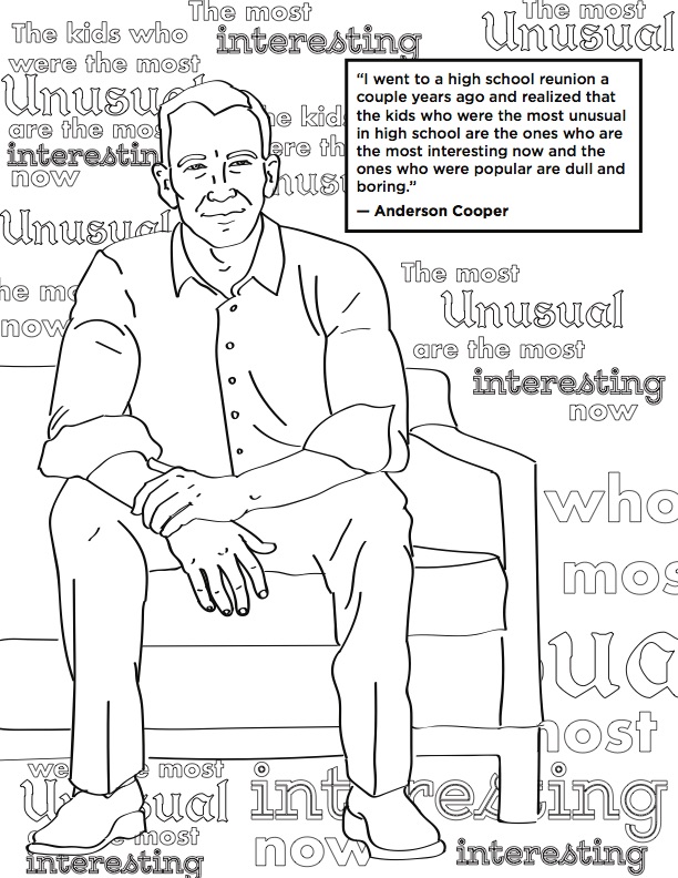 A coloring book page featuring Anderson Cooper