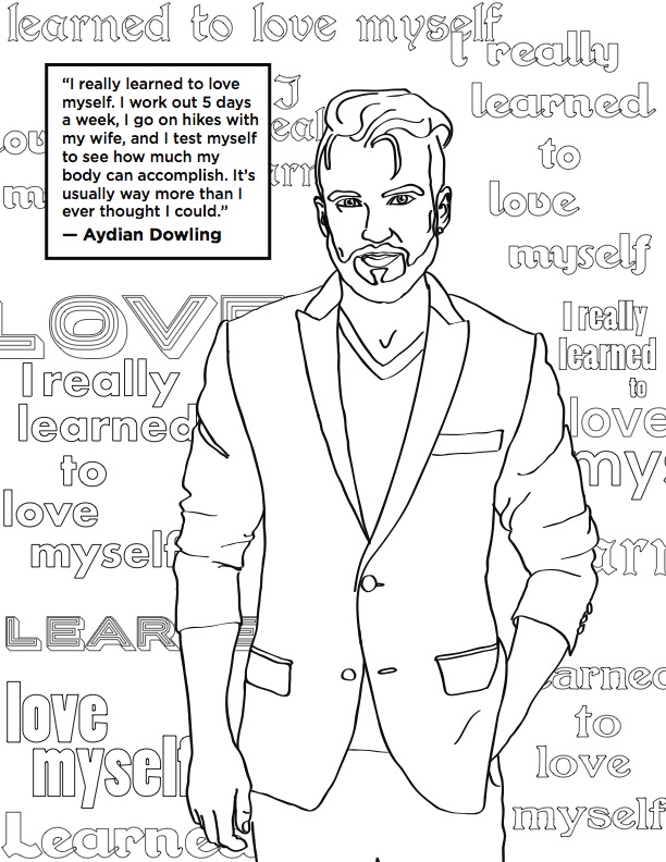 A coloring book page featuring Aydian Dowling