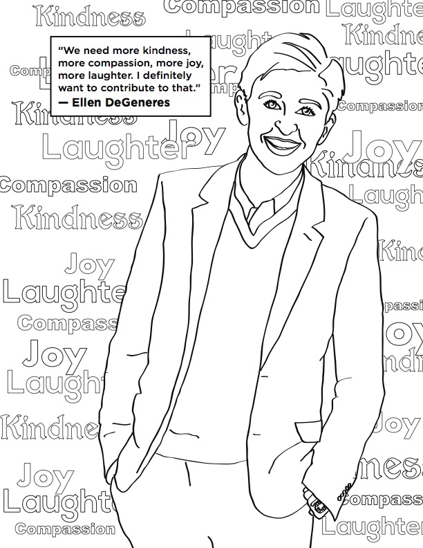 A coloring book page featuring Ellen DeGeneres