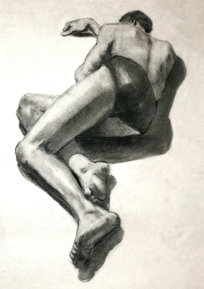 Figure drawing of a young man wearing a bathing suit drawn with NuPastel