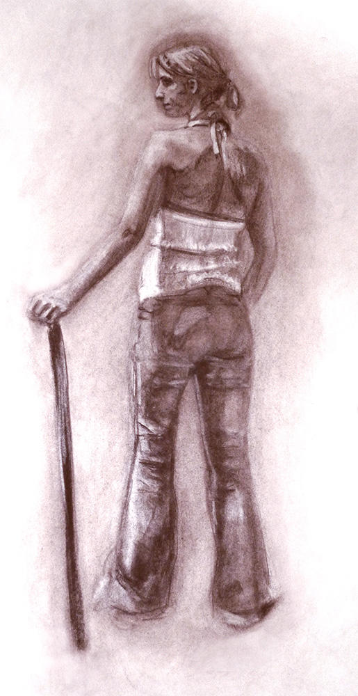 Figure drawing of a young woman wearing a tank top and jeans, leaning on a walking stick, drawn with NuPastel