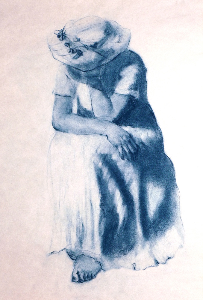 Figure drawing of a young woman wearing a dress and hat, drawn with NuPastel