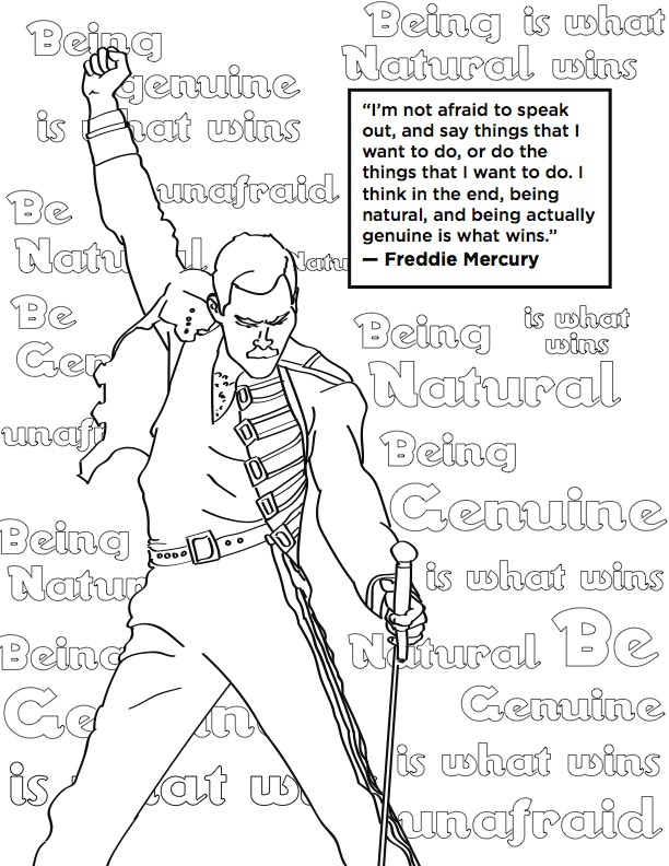 A coloring book page featuring Freddie Mercury