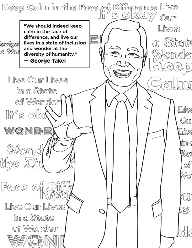 A coloring book page featuring George Takei