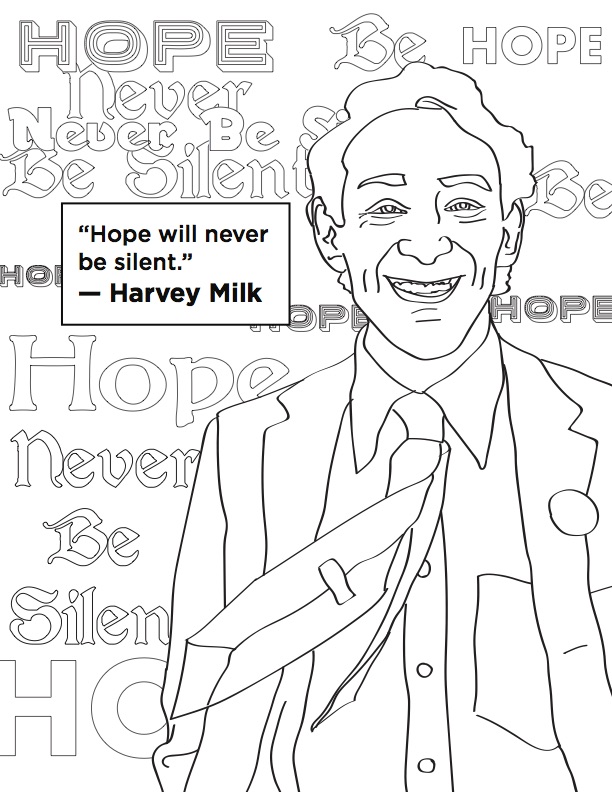 A coloring book page featuring Harvey Milk