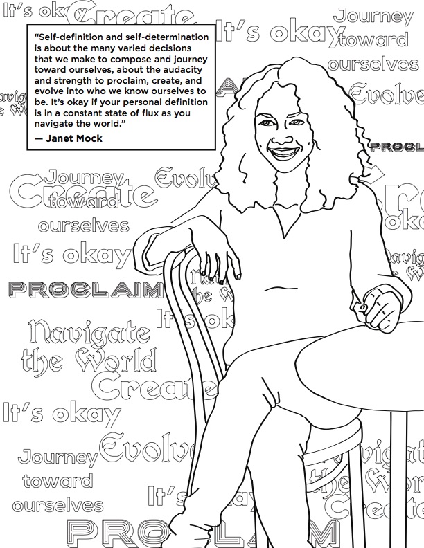 A coloring book page featuring Janet Mock