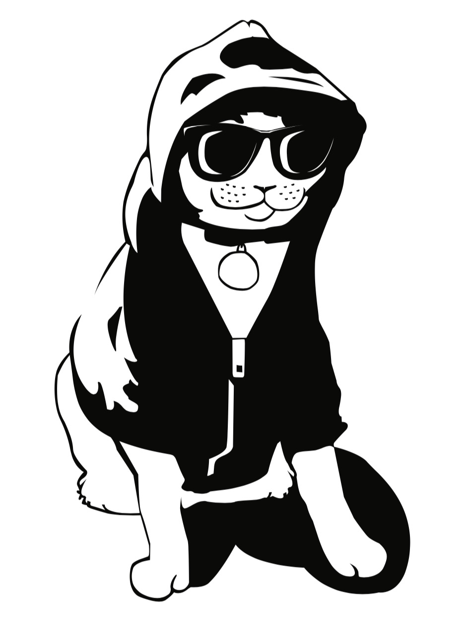 A digital illustration of a cat wearing a black hoodie and sunglasses