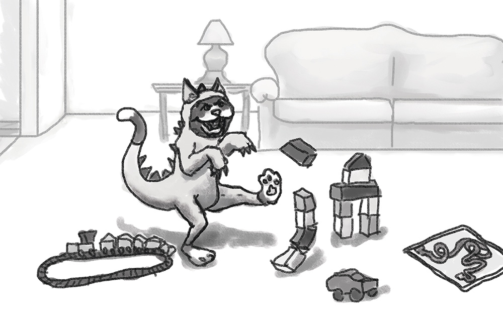 A digital illustration of a cat wearing a dinosaur costume, knocking down a toy city