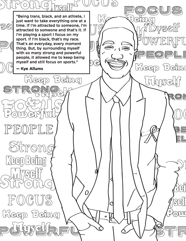 A coloring book page featuring Kye Allums