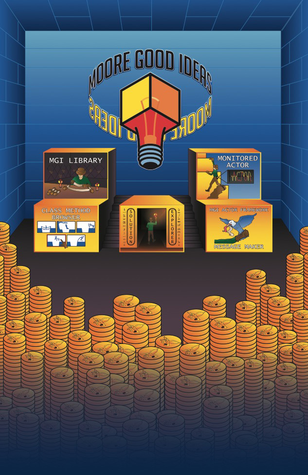 A tradeshow graphic of the inside a treasure vault, featuring icon graphics for software tools that Moore Good Ideas created