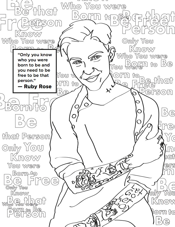 A coloring book page featuring Ruby Rose