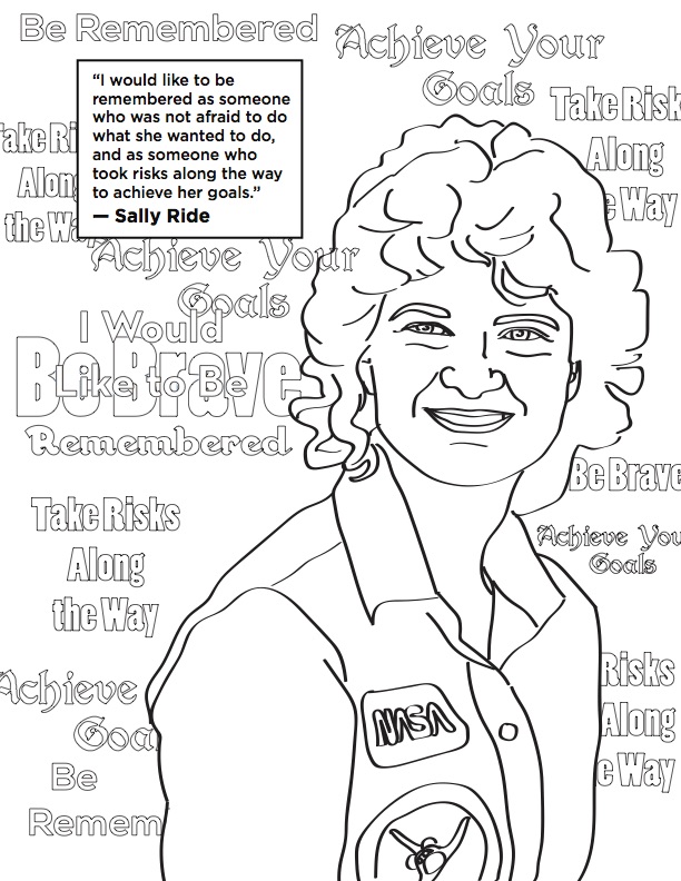 A coloring book page featuring Sally Ride