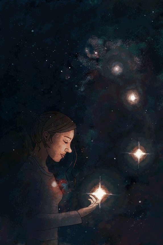 A digital illustration of a girl holding a star in her hand, standing with the universe in the background