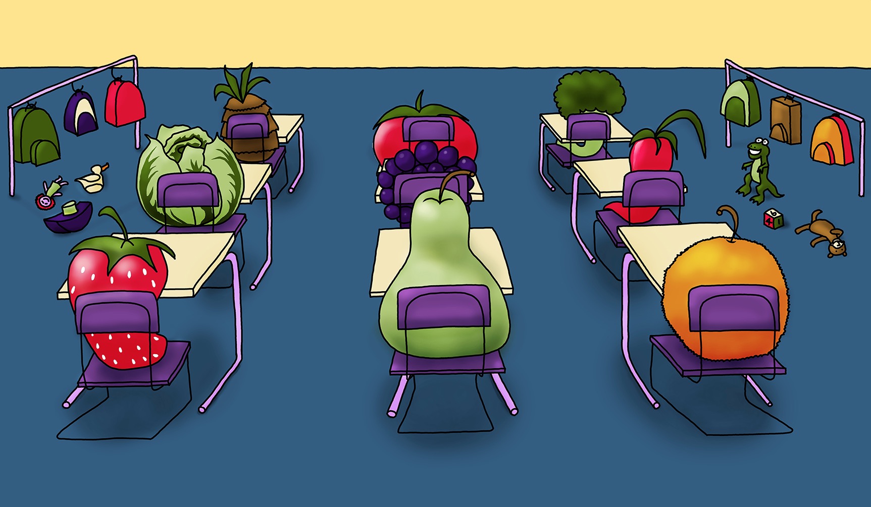 A digital illustration of a classroom full of vegetables