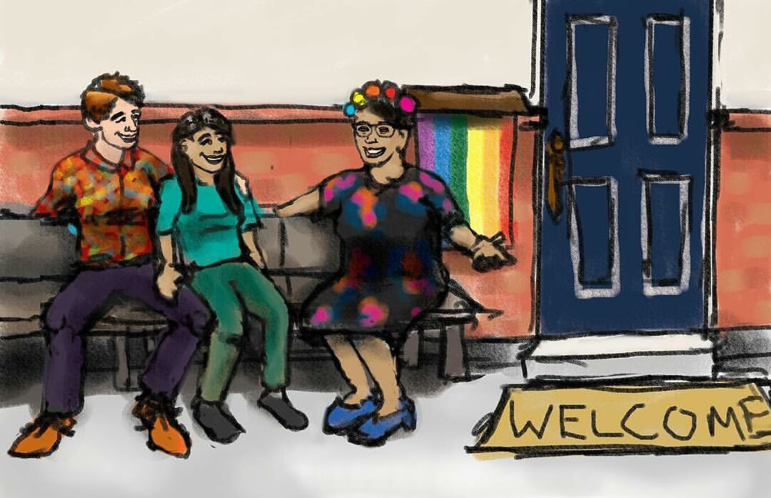 A digital illustration of a woman welcoming two other women to her front porch